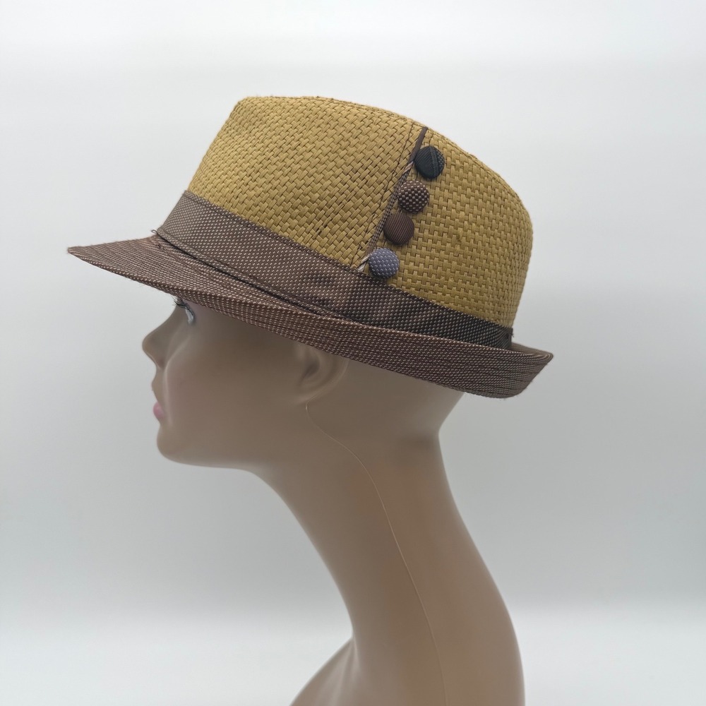 Scala Pronto Straw Fedora Hat Tan Brown Short Brim One Size Button Woven Boho - Picture 4 of 10
